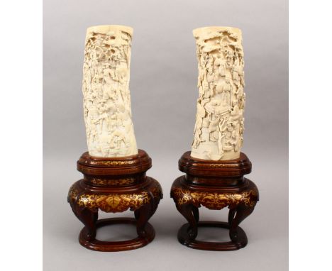 A VERY FINE PAIR OF JAPANESE MEIJI PERIOD CARVED IVORY &amp; SHIBAYAMA TUSK VASES ON STANDS, each vase section finely carved 