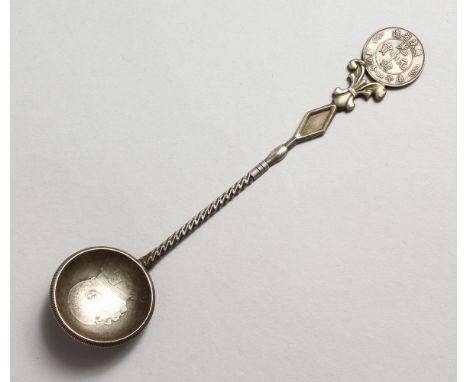 A GOOD CHINESE SILVER LADLE SPOON FORMED FROM CURRENCY, The bowl of the spoon formed from a pressed coin, the top finial the 