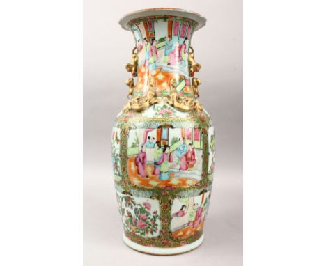 A 19TH CENTURY CHINESE CANTON FAMILLE ROSE PORCELAIN VASE, with panel decoration depicting figures interior and birds amongst