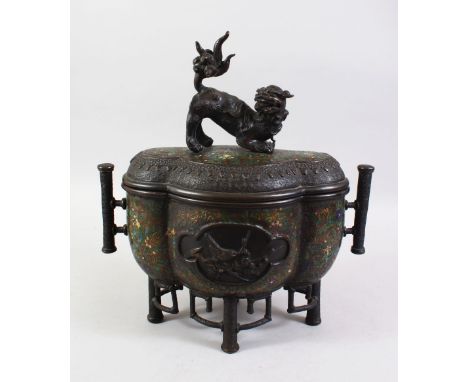 A VERY GOOD 19TH CENTURY CHINESE BRONZE &amp; ENAMEL CENSER, of quatrefoil shape, the cover mounted with a well cast kylin ha
