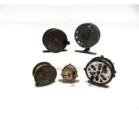 A GROUP OF FIVE FISHING REELS including brass reel 3`' stamped R. Anderson &amp; Sons, Princes St, Edinb, American 'Portage S