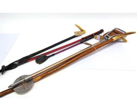 A LADY'S HUNTING WHIP with horn grip, plated collar, stamped Zair, with leather shaft and plaited leash, together with three 