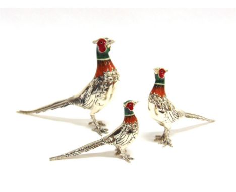 A GRADUATED SET OF THREE SATURNO SILVER AND ENAMEL PHEASANTS,  the largest approx 12.5cm long