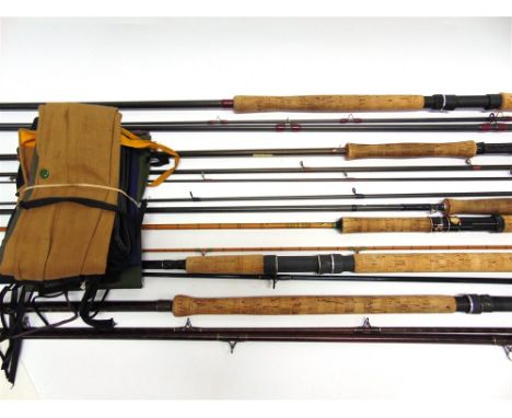 A GROUP OF SIX FISHING RODS including: a Daiwa 'Whisker Fly', two piece, Sealey 'Spinet' 5lb two piece, John Norris three pie