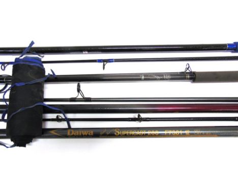 A GROUP OF FOUR FISHING RODS a Penn Extreme Light Beach 12'6`` two piece, Daiwa Moonraker carbon two piece, Silstar Power Sur