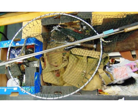 FISHING ACCESSORIES:  to include a landing net, holdalls, scales, line, feathers, Farlow accessory and various other fishing 