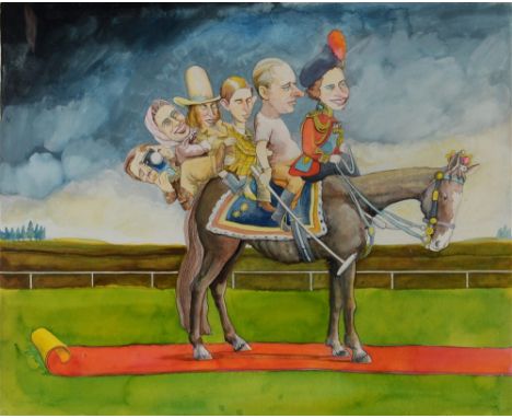 MICHAEL FOREMAN a royal caricature depicting the Queen in ceremonial dress, Price Philip with a polo stick in his right hand,