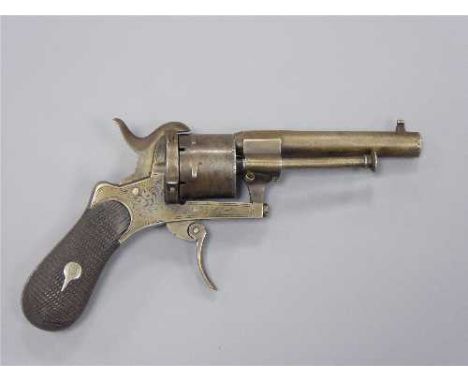 A late 19th century pinfire revolver, the 8.5cm barrel with ejector rod, six-shot cylinder with numerous proof marks and side