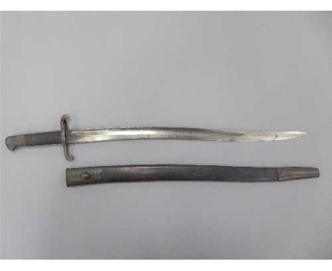 A British Enfield sword bayonet with 57cm recurving blade, in leather scabbard. 