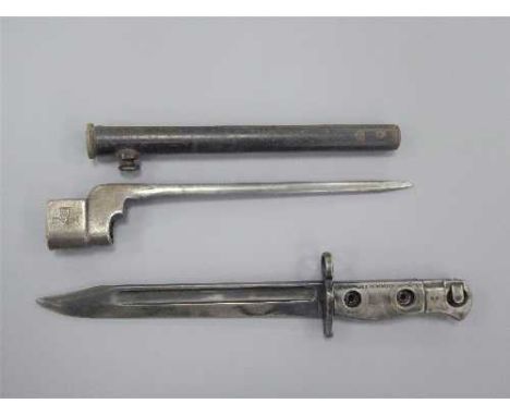 A British No.4 Mk II bayonet in steel scabbard with 20cm stiletto blade, together with a British all-steel bayonet. (2)