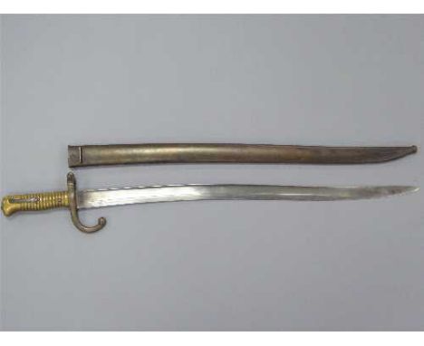 A French Chassepot Yataghan sword bayonet with 57cm recurving blade, in steel scabbard. 