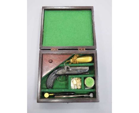 A 19th century percussion cap 'manstopper' pistol, signed W. True, .75 calibre, 9cm barrel, with ramrod, in a green baize lin
