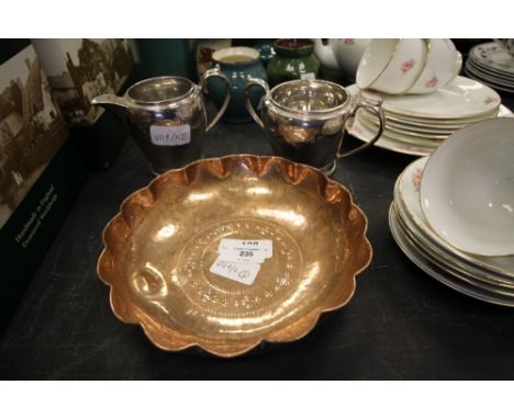 Copper dish and 2 pc plated tea service