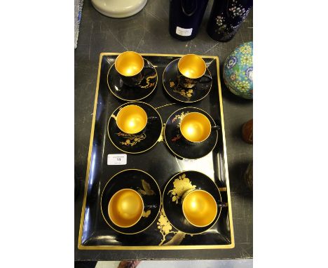 Japanese Black Lacquer Tea Service &amp; Tray and bowls
