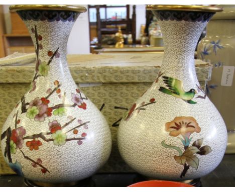 Pair Chinese Cloisonne Enamel Vases &amp; Stands (Boxed)