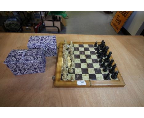 Vintage Chinese Carved Soapstone Figural Chess Set &amp; Board
