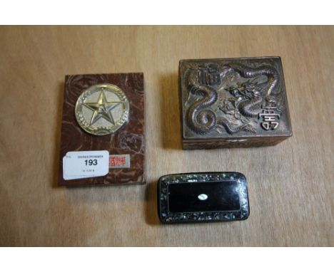Chinese Liberation Army paperweight, Japanese box and snuffbox