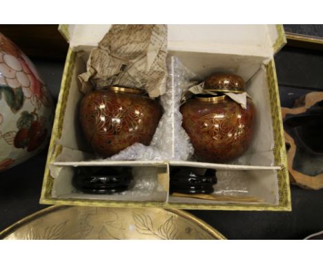 Pair of Chinese Cloisonne enamel ginger jars &amp; stands (boxed)