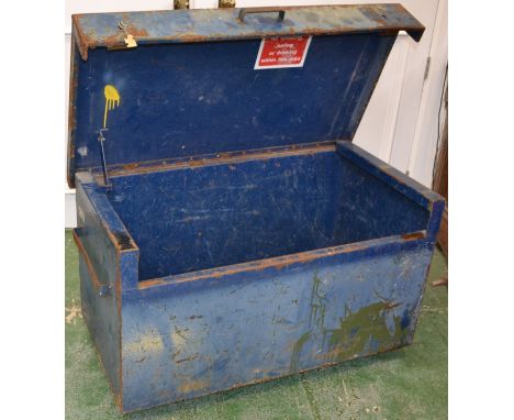 A large cold painted lockable site storage chest, handles to sides, fork truck tine sleeves to base, c.1980