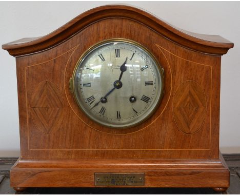 A JW Benson mahogany inlaid presentation mantel clock
