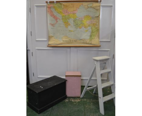 A painted pine four rung step ladder; a painted pine low pedestal; a wall map "The Travels of St Paul" by W. & A.K.Johnston l