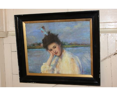 G Picard, portrait of a young lady before a shoreline, oil on canvas, signed and dated 77, 39cm by 49cm