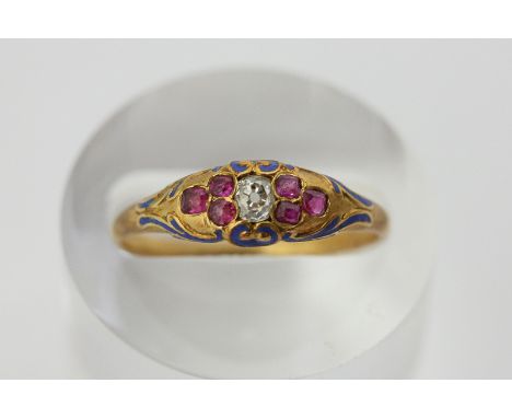 A late 19th century old cut diamond, ruby and blue enamel ring