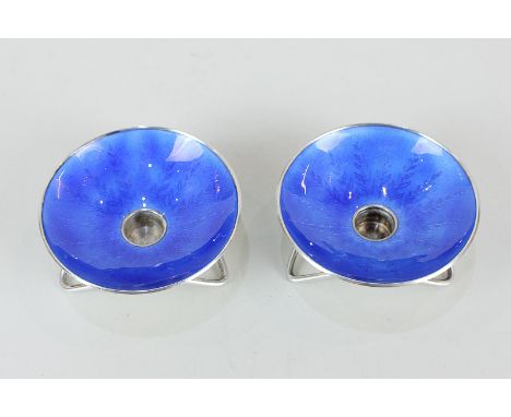 A pair of Danish silver and blue enamel candle holders, maker Anton Michelsen, Copenhagen, with leaf design, marked Sterling