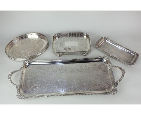 A silver plated rectangular two-handled tray with engraved decoration and gadrooned border, 52cm, two other smaller trays, an