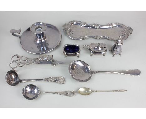 A pair of silver plated candle snuffers, scroll decorated tray, 25cm, a set of three cruets of mustard, salt and pepper, a ch