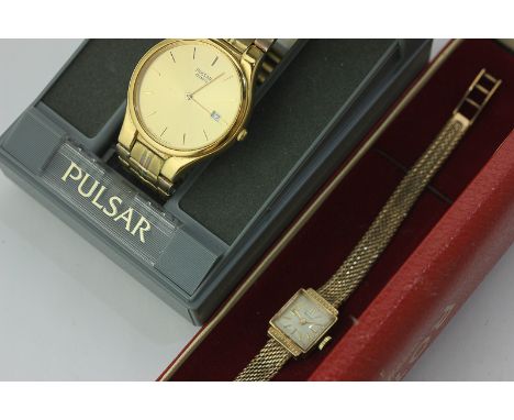 A lady's 9ct gold Rotary bracelet watch, London hallmark for 1959, 14g weighable, and a rolled gold Pulsar bracelet watch