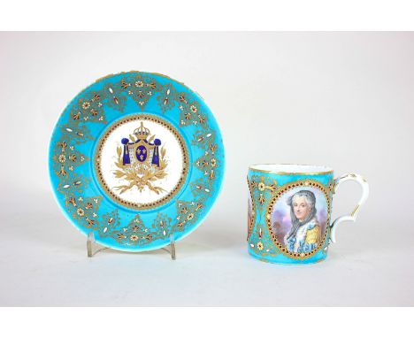 A Sevres porcelain cabinet cup and saucer, the cup with three oval portrait panels of Louis XV, Mde. de Pompadour, and Marie 