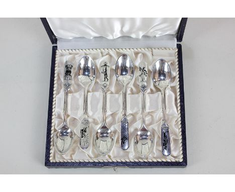 A cased set of six Danish silver coffee spoons, maker W & S Sorensen, Horsens, each with black enamel design on finial includ
