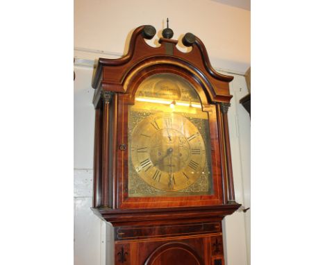 A  George III inlaid mahogany longcase clock with 13 inch brass arched dial, Roman numerals, subsidiary seconds and calendar 