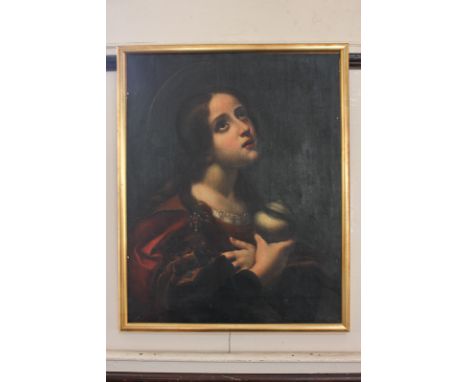 Italian school, Old Master style figure of a female saint gazing upwards and holding a vase, oil on canvas, unsigned, 70cm by