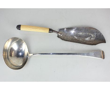A George III silver Old English pattern soup ladle, maker possibly Robert Rutland, London 1809, 32cm, 6oz, and George III fis