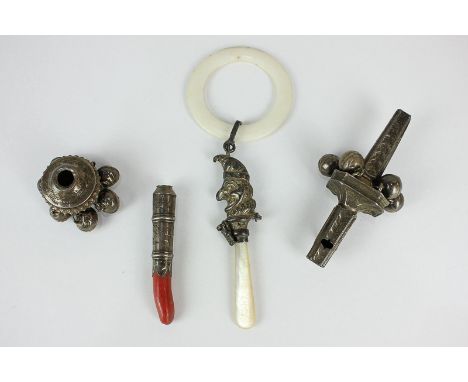 A George VI silver and mother of pearl baby's rattle and teething ring depicting Punch, maker Crisford & Norris Ltd, Birmingh