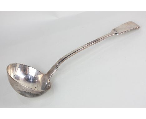A Victorian silver soup ladle with oval bowl and fiddle pattern handle, London 1864, 9oz, 34cm