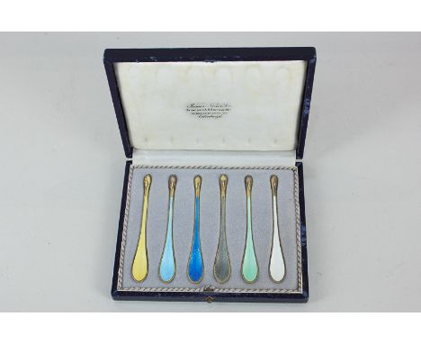 A cased set of six Danish silver gilt and harlequin enamel marrow scoop spoons, maker Egon Lauridsen, Copenhagen, with Englis