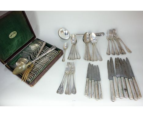 A Christofle silver plated part canteen of cutlery including soup ladle, six dinner forks and knives, six tablespoons, five d