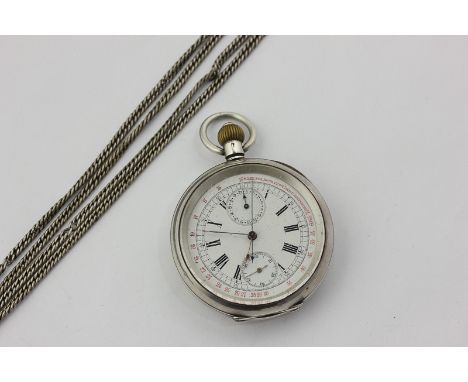 A Swiss silver Omega Railway open face pocket watch with stop watch, subsidiary seconds, date dial and speed calculating scal