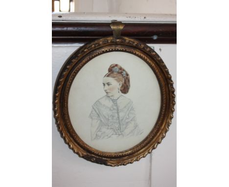 Victorian school, portrait of a young lady with auburn plaited hair and ribboned gown, pencil and watercolour, unsigned, insc