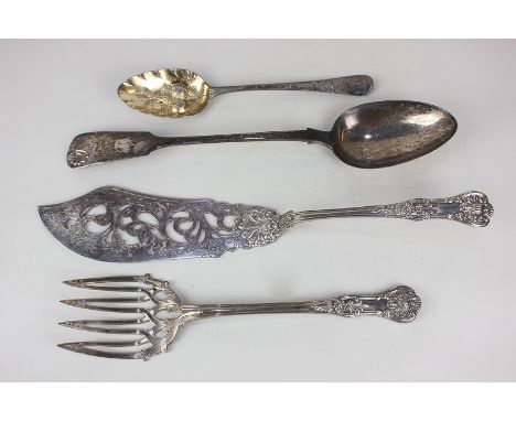 A pair of Victorian silver Queen's pattern fish servers comprising fish slice and fork with engraved and scrolling pierced bl