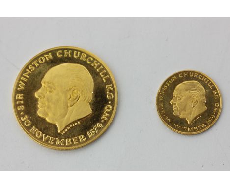 An 18ct gold Winston Churchill limited edition commemorative two-coin set with profile portrait and inscription 'This was the