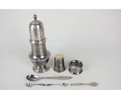A George VI silver sugar caster, baluster shape, maker Richard Woodman Burbridge, Birmingham 1939, 18cm, a modern silver tot 