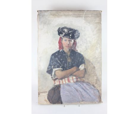 Silva Porto (1850-1893 Portuguese), portrait of a girl with folded arms wearing a black hat and a headscarf, oil on canvas, u