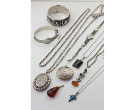 A silver locket on a belcher link chain, five chains, four various pendants, a silver watch chain, two bangles, and a compact