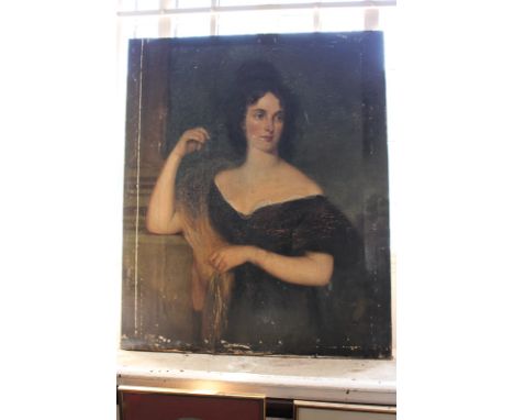 19th century school, portrait of a lady with brown hair and eyes, one arm raised, oil on canvas, unsigned, 92cm by 75cm, unfr