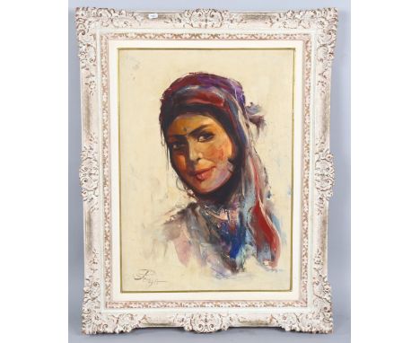 Contemporary portrait of a woman wearing a head scarf, oil on canvas, indistinctly signed, 70cm x 50cm, framedGood condition 