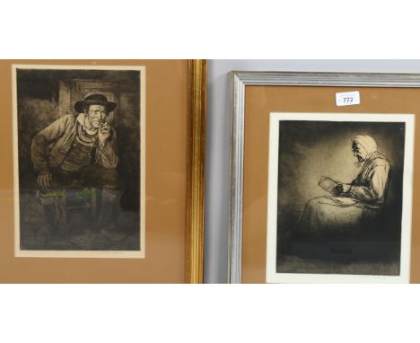 Mortimer Menpes (1855 - 1938), 2 portrait studies, etchings, both signed in pencil, plate 25cm x 20cm, framedGood condition 